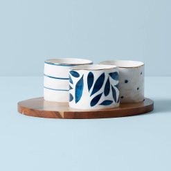 Lenox Westmore Blue Bay Snack Bowls with Wood Tray, Set of 3