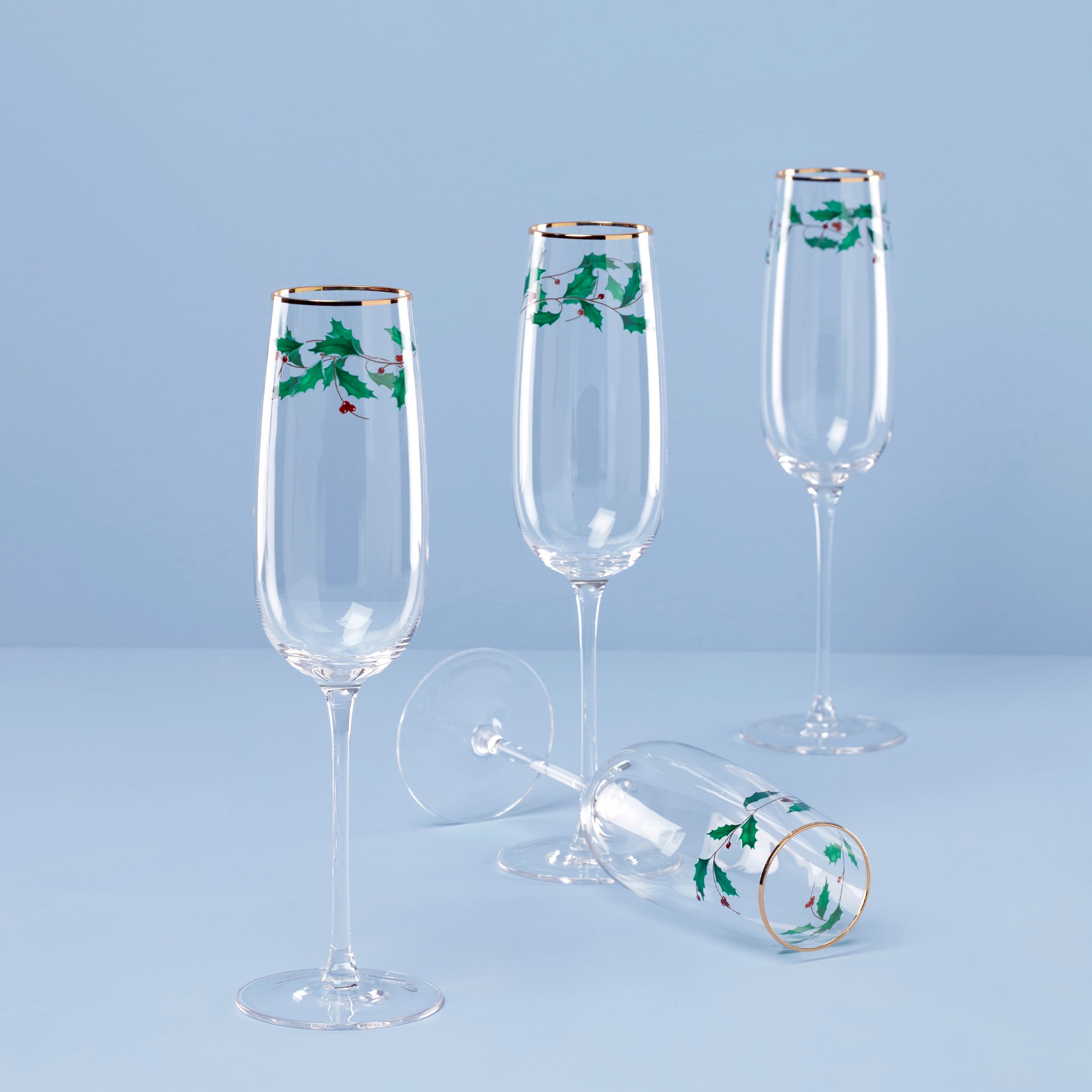 Lenox Westmore Holiday Decal Flute Glasses, Set of 4